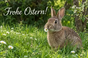 Feldhase mit Gänseblümchen, Text: Frohe Ostern!