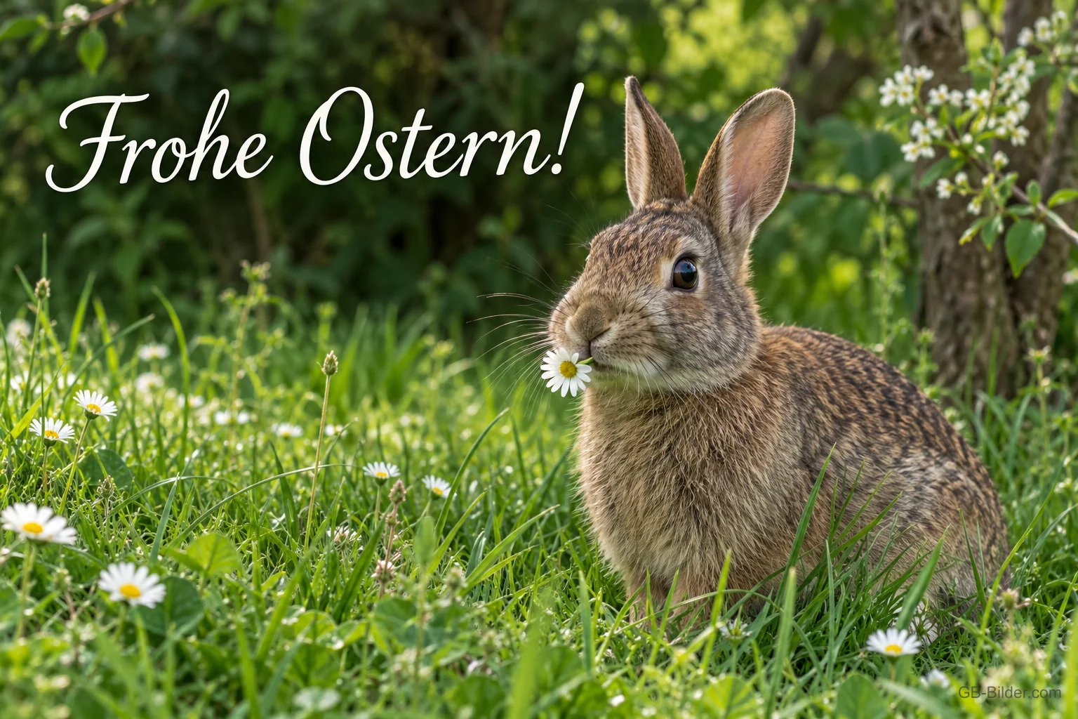 Feldhase mit Gänseblümchen, Text: Frohe Ostern! Feldhase mit Gänseblümchen, Text: Frohe Ostern!