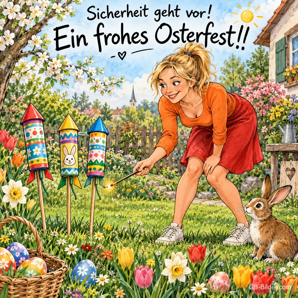 Frau zündet drei bunte Raketen mit Ostermotiven im Frühlingsgarten an, ein Hase schaut zu, Text: Sicherheit geht vor! Ein frohes Osterfest!!