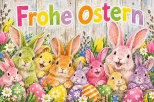 Viele lachende Hasen in Pastellfarben hinter bunten Ostereiern und Blumen, Text: Frohe Ostern