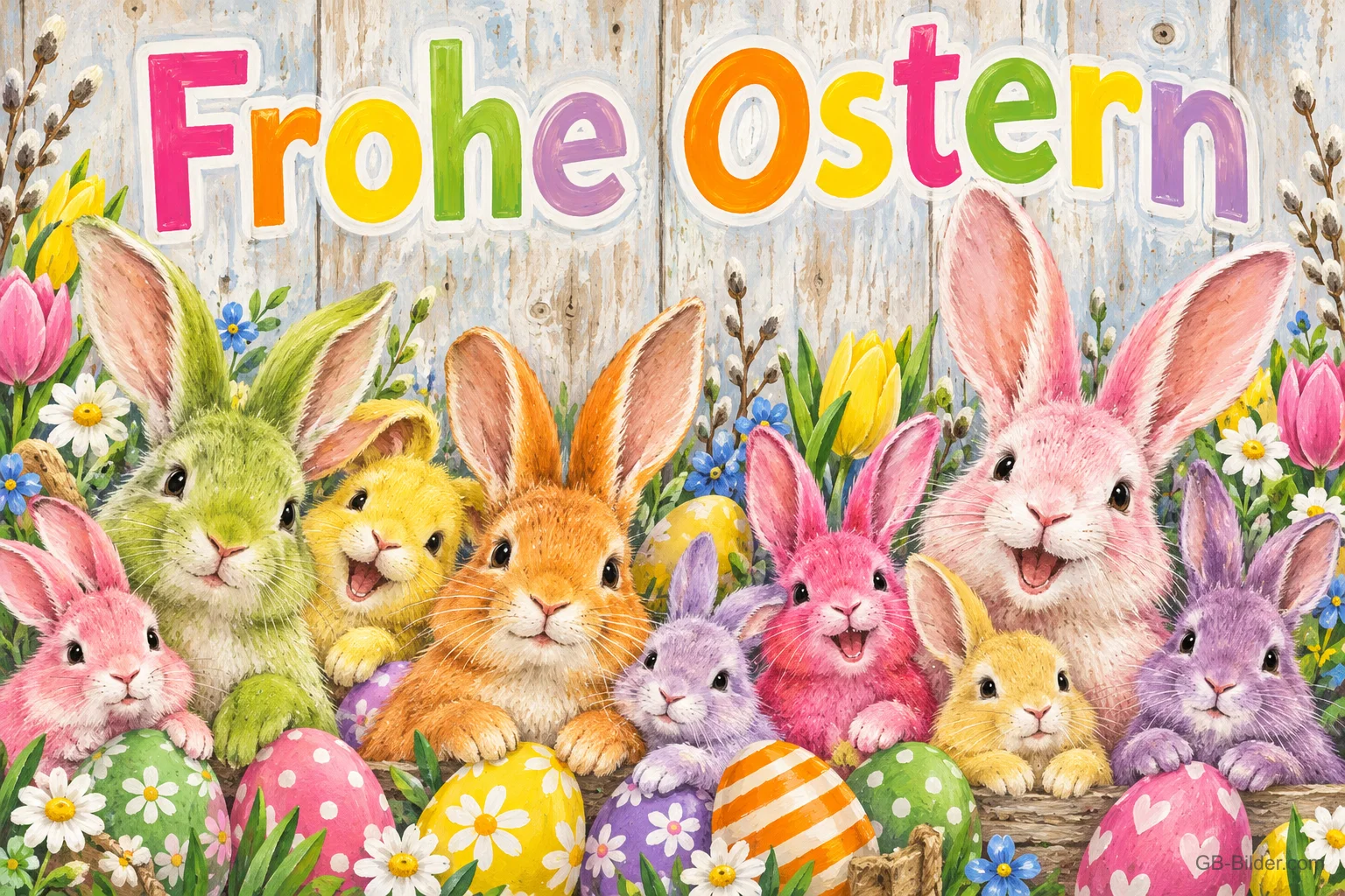 Viele lachende Hasen in Pastellfarben hinter bunten Ostereiern und Blumen, Text: Frohe Ostern Viele lachende Hasen in Pastellfarben hinter bunten Ostereiern und Blumen, Text: Frohe Ostern