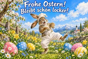 Hase in weißer Latzhose und Mütze tanzt auf einer Frühlingswiese mit Ostereiern, Text: Frohe Ostern! Bleibt schön locker!