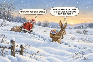 Weihnachtsmann und Osterhase im Schnee, lustiger Spruch über Feiertage