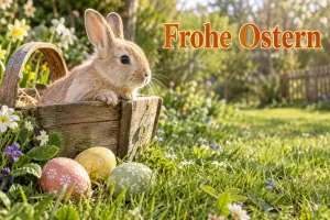 Kaninchen im Holzkorb mit Ostereiern, Text: Frohe Ostern