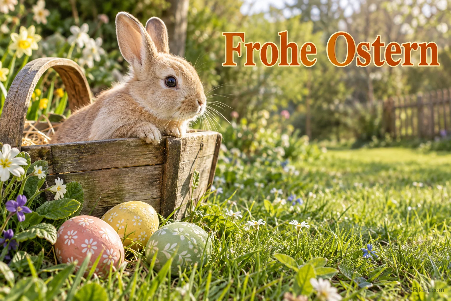 Kaninchen im Holzkorb mit Ostereiern, Text: Frohe Ostern Kaninchen im Holzkorb mit Ostereiern, Text: Frohe Ostern