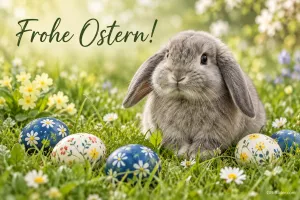 Widderkaninchen mit Ostereiern, Text: Frohe Ostern!