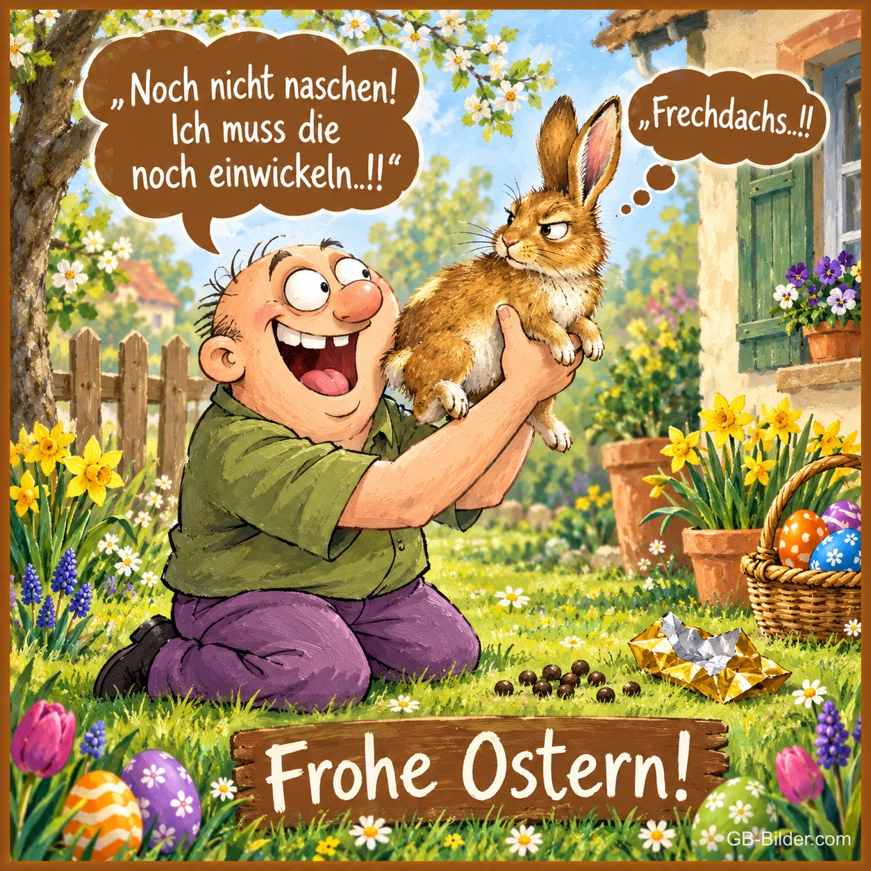Lachender Mann hält einen Hasen hoch, der Hase schaut verärgert, Ostereier im Garten, Text: „Noch nicht naschen! Ich muss die noch einwickeln..!!“ „Frechdachs..!!“ Frohe Ostern!
