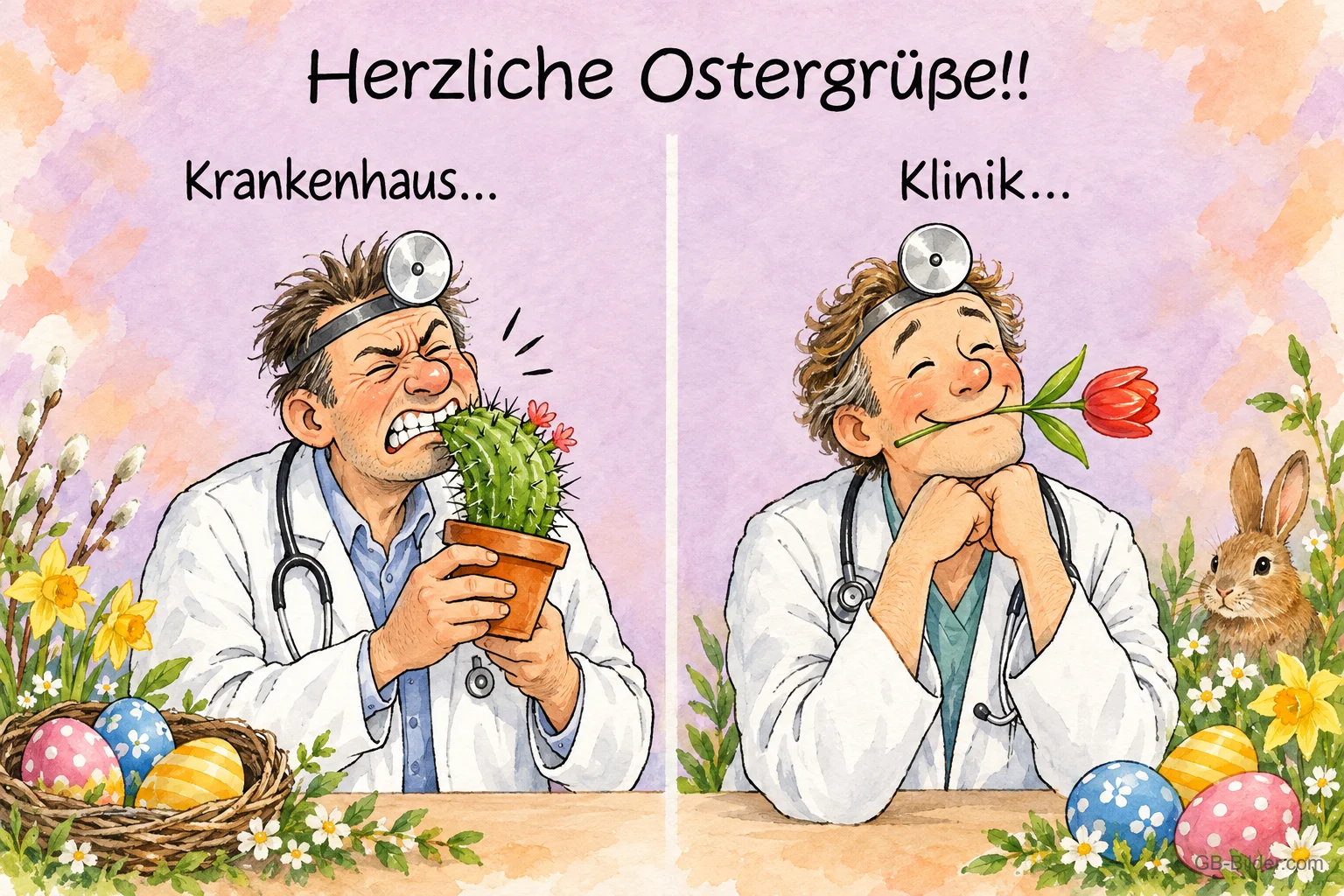 Zwei Ärzte mit Kaktus und Tulpe, lustiger Ostergruß: Krankenhaus, Klinik