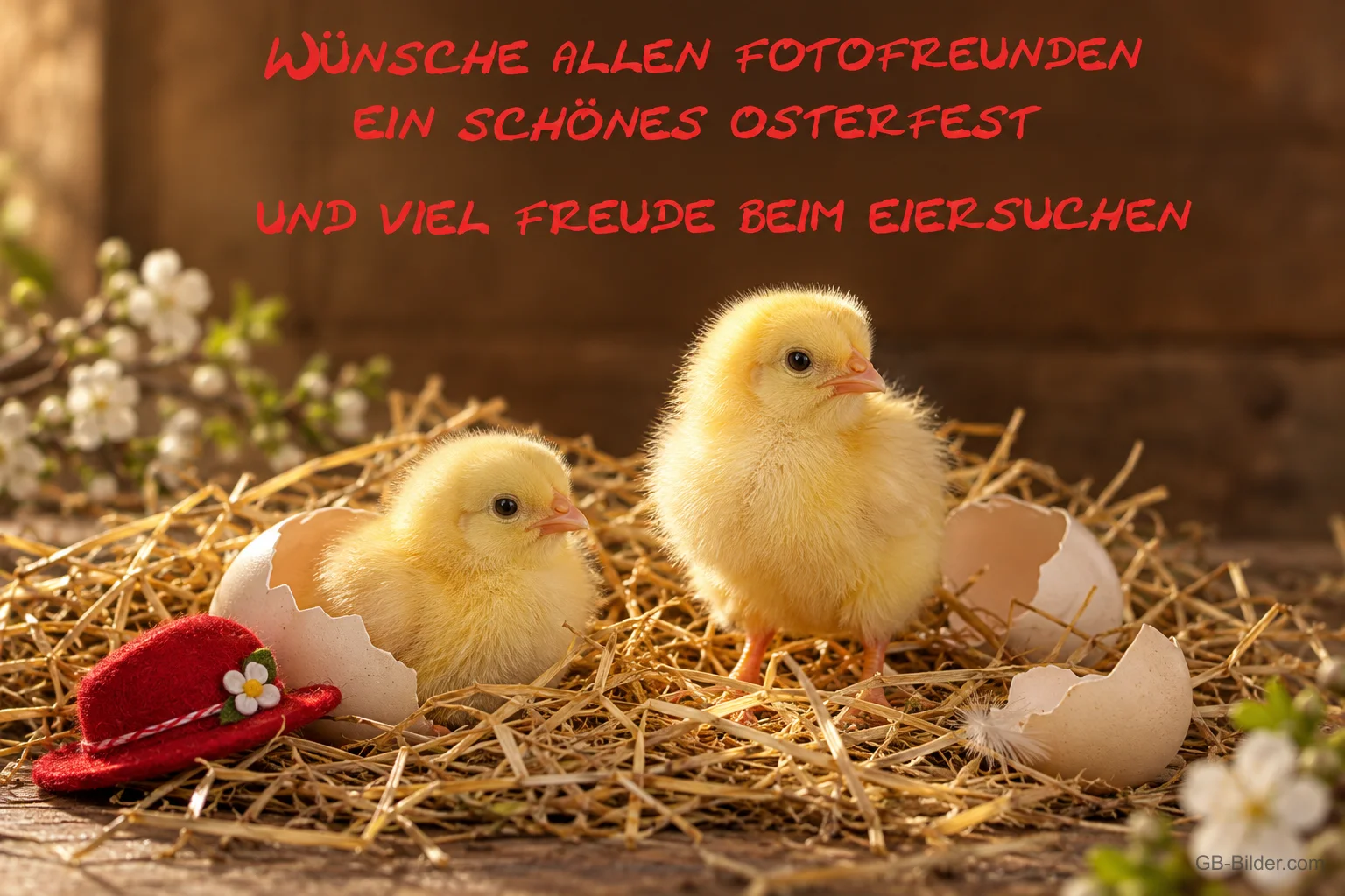 Zwei Küken im Stroh, Text: Wünsche allen Fotofreunden ein schönes Osterfest Zwei Küken im Stroh, Text: Wünsche allen Fotofreunden ein schönes Osterfest