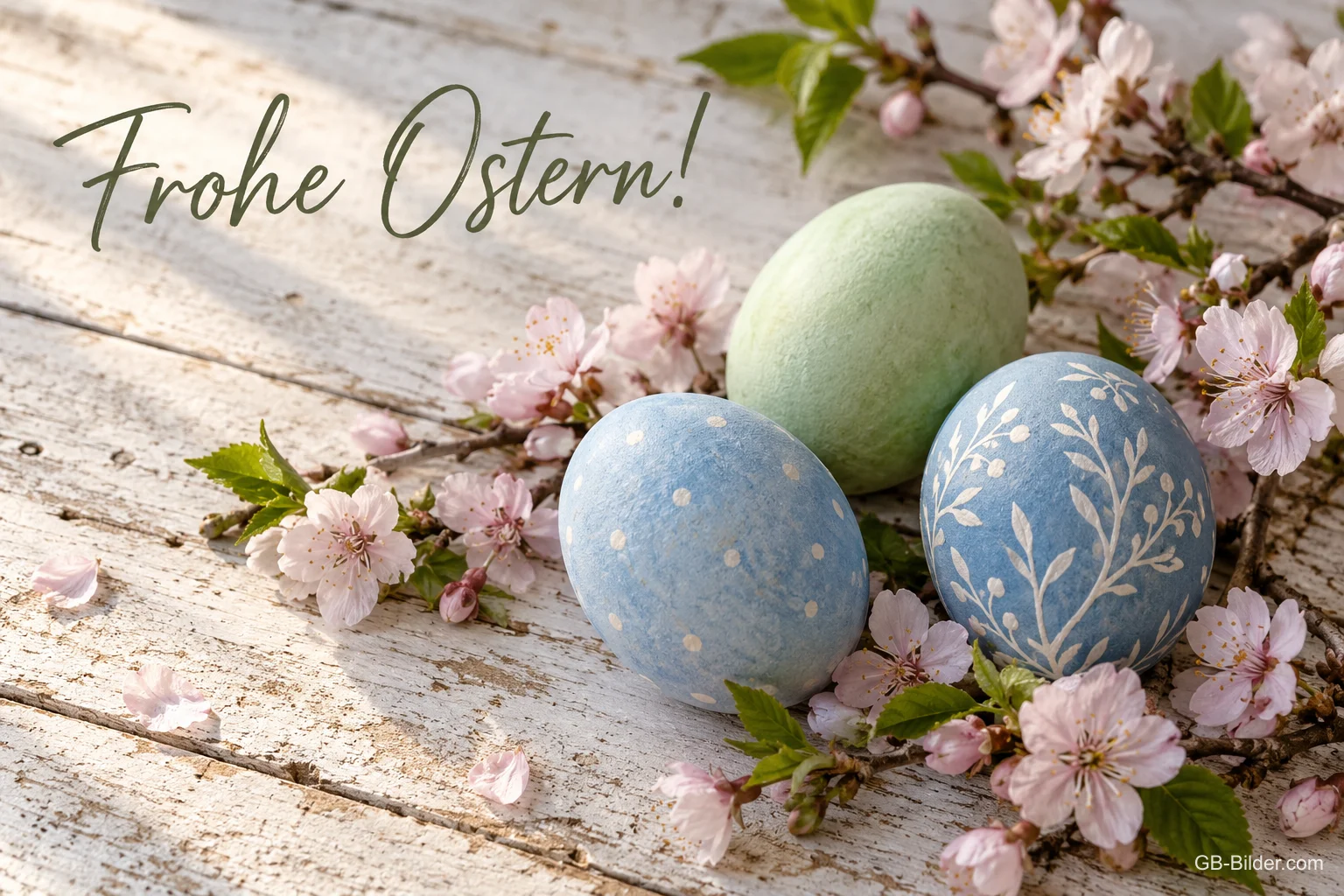 Bemalte Ostereier mit Kirschblüten, Text: Frohe Ostern! Bemalte Ostereier mit Kirschblüten, Text: Frohe Ostern!