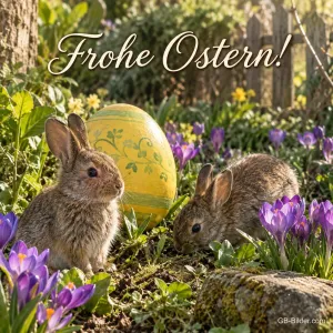 Zwei Kaninchen neben gelbem Osterei, Text: Frohe Ostern!