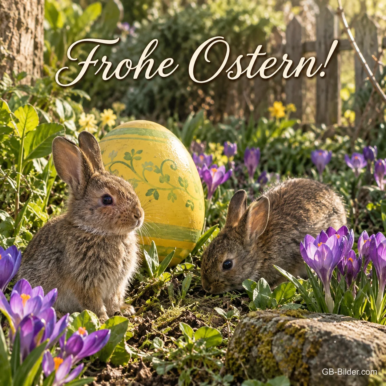 Zwei Kaninchen neben gelbem Osterei, Text: Frohe Ostern! Zwei Kaninchen neben gelbem Osterei, Text: Frohe Ostern!