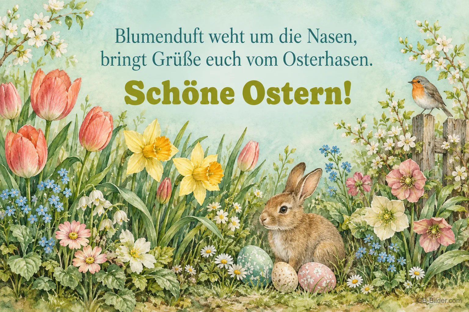 Hase zwischen Frühlingsblumen, Text: Blumenduft weht um die Nasen, bringt Grüße euch vom Osterhasen. Schöne Ostern! Hase zwischen Frühlingsblumen, Text: Blumenduft weht um die Nasen, bringt Grüße euch vom Osterhasen. Schöne Ostern!