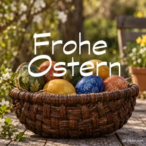 Weidenkorb mit gefärbten Ostereiern, Text: Frohe Ostern