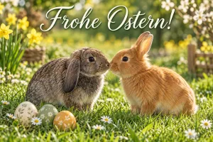 Zwei Kaninchen beim Nasenküsschen, Text: Frohe Ostern!
