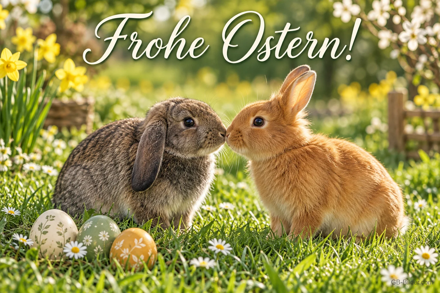 Zwei Kaninchen beim Nasenküsschen, Text: Frohe Ostern! Zwei Kaninchen beim Nasenküsschen, Text: Frohe Ostern!