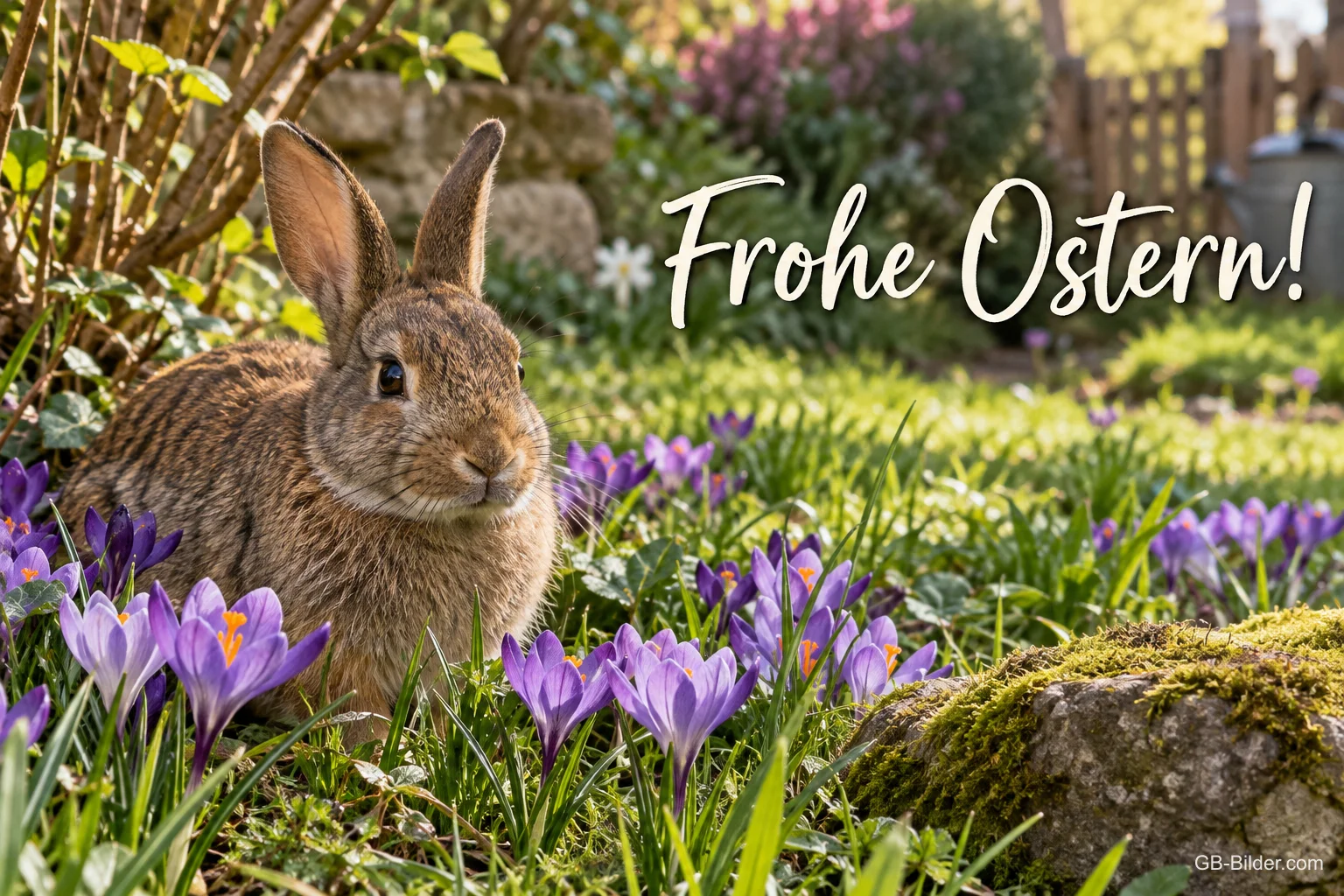 Feldhase zwischen Krokussen, Text: Frohe Ostern! Feldhase zwischen Krokussen, Text: Frohe Ostern!