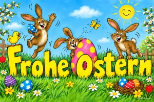 Lustige Hasen hüpfen mit Ostereiern über bunte Buchstaben auf einer Blumenwiese, Text: Frohe Ostern