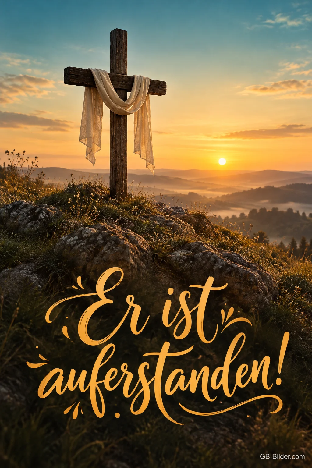 Holzkreuz mit Tuch im Sonnenaufgang, Text: Er ist auferstanden! Holzkreuz mit Tuch im Sonnenaufgang, Text: Er ist auferstanden!