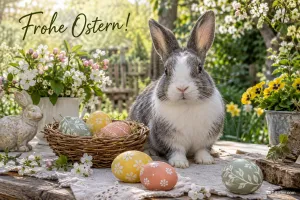 Kaninchen neben einem Osterkorb, Text: Frohe Ostern!