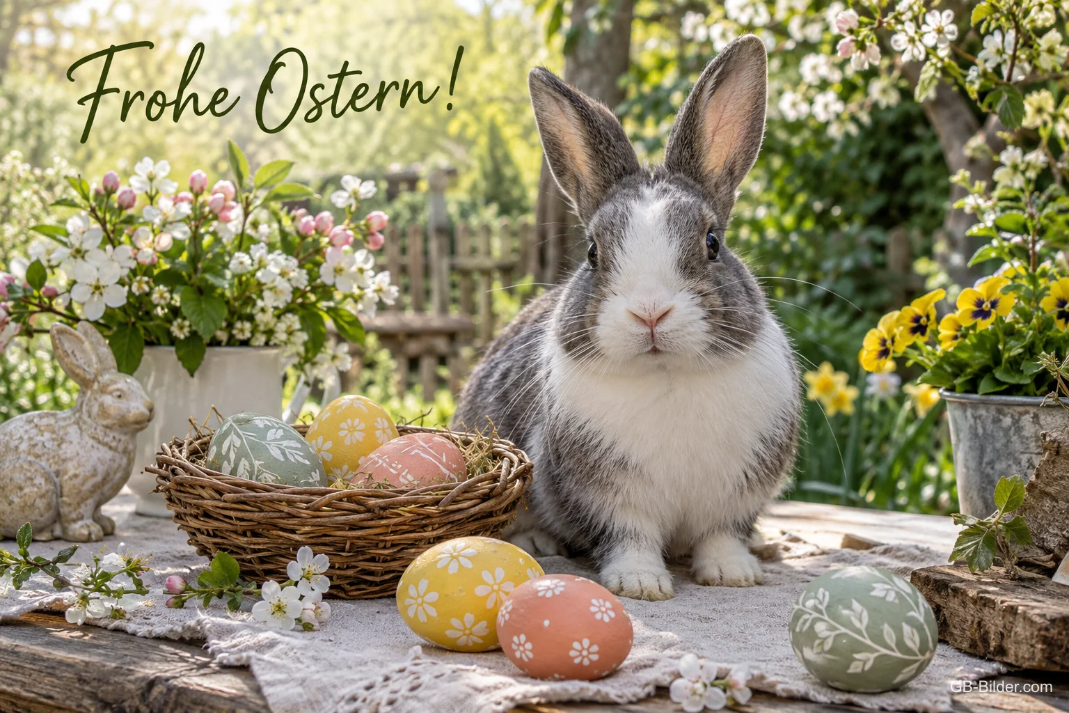 Kaninchen neben einem Osterkorb, Text: Frohe Ostern! Kaninchen neben einem Osterkorb, Text: Frohe Ostern!