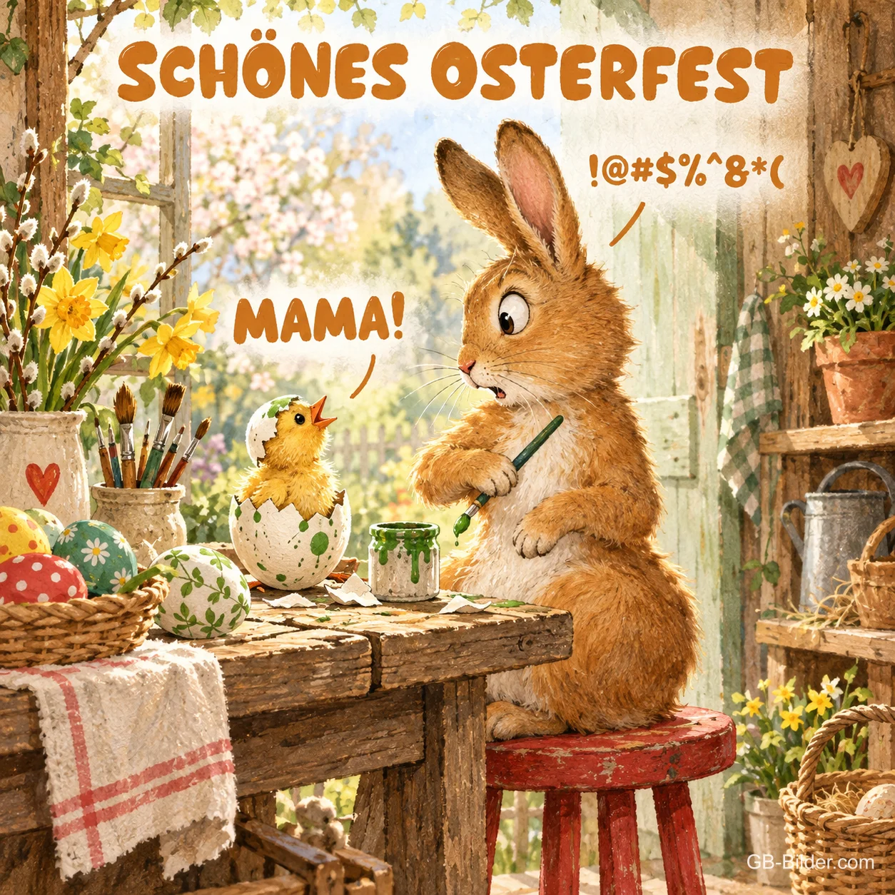 Hase bemalt ein Ei, aus dem ein Küken schlüpft, lustiger Ostergruß: Schönes Osterfest