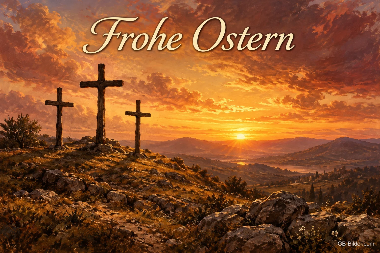 Drei Kreuze im Sonnenuntergang, Text: Frohe Ostern Drei Kreuze im Sonnenuntergang, Text: Frohe Ostern