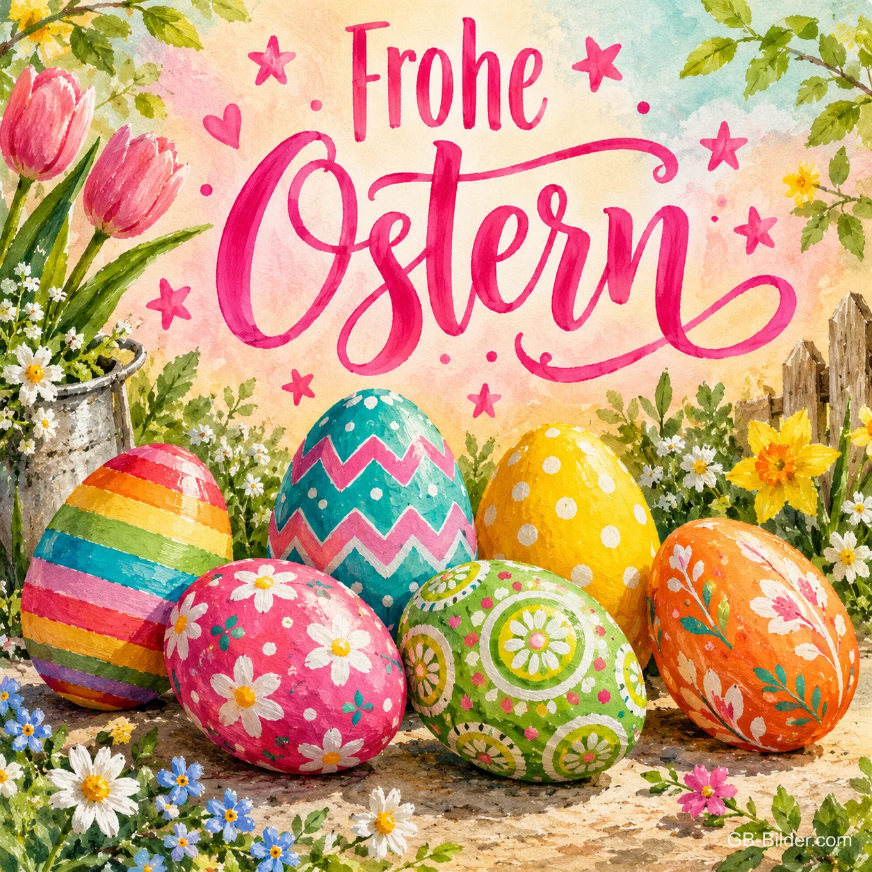 Bunt bemalte Ostereier zwischen Tulpen und Frühlingsblumen, Text: Frohe Ostern Bunt bemalte Ostereier zwischen Tulpen und Frühlingsblumen, Text: Frohe Ostern
