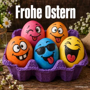 Bunte Ostereier mit lustigen Gesichtern und Sonnenbrille im Eierkarton, Text: Frohe Ostern