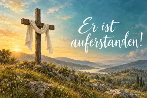 Holzkreuz mit Tuch im Sonnenaufgang, Text: Er ist auferstanden!