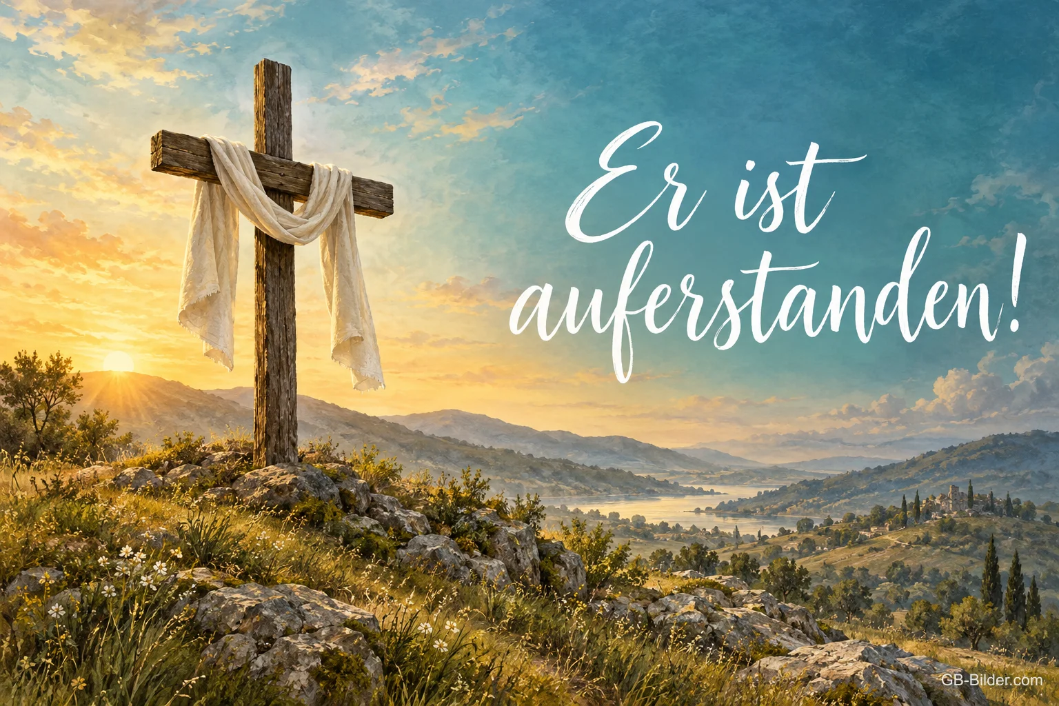 Holzkreuz mit Tuch im Sonnenaufgang, Text: Er ist auferstanden! Holzkreuz mit Tuch im Sonnenaufgang, Text: Er ist auferstanden!