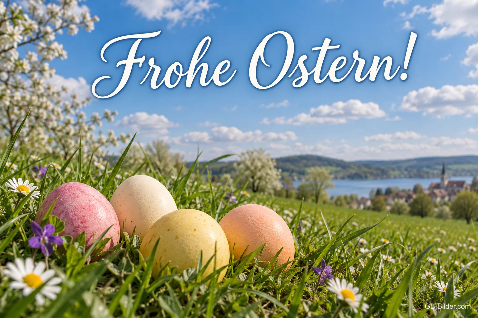 Pastellfarbene Ostereier in der Wiese, Text: Frohe Ostern! Pastellfarbene Ostereier in der Wiese, Text: Frohe Ostern!