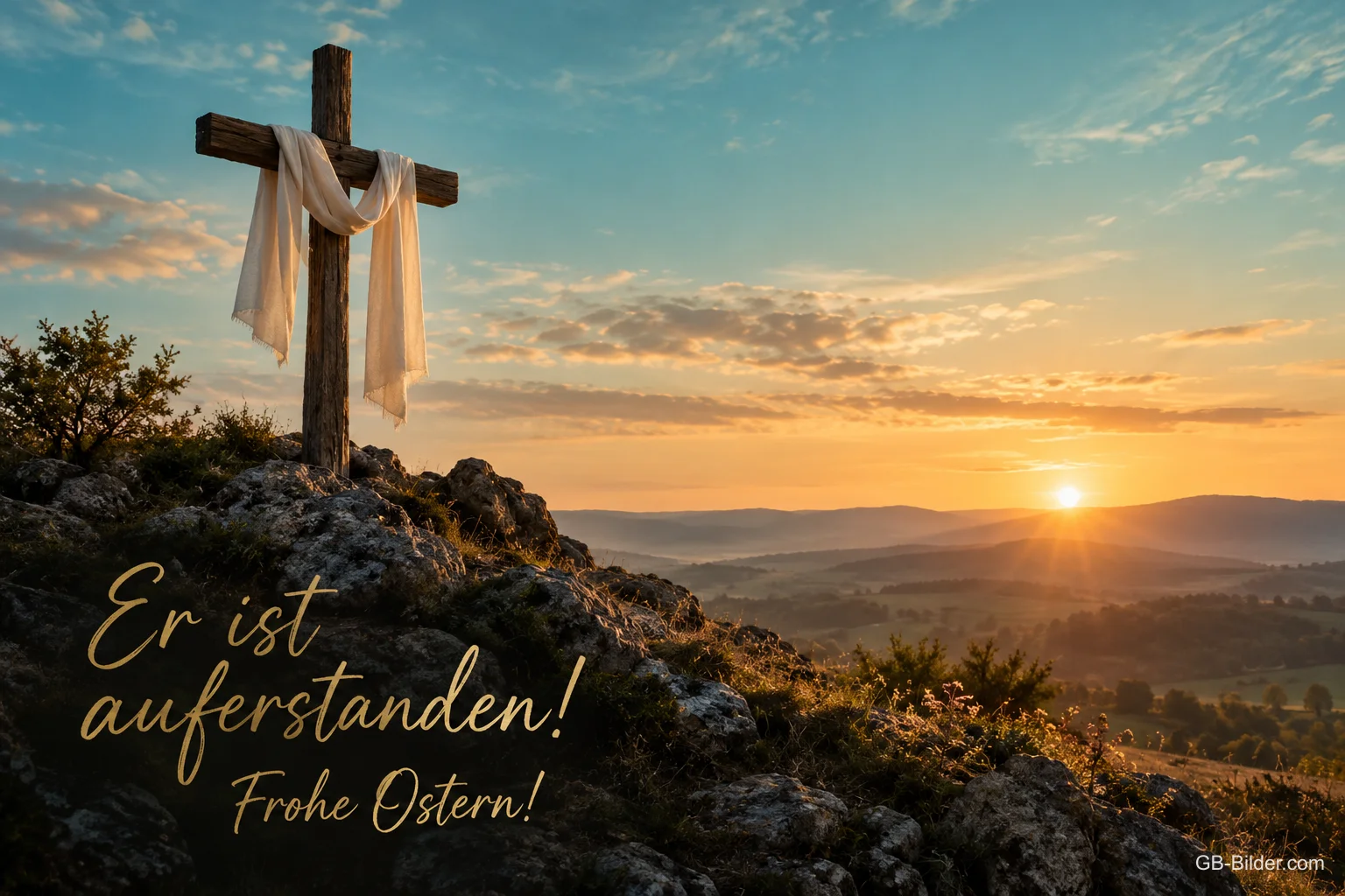 Holzkreuz mit Tuch im Abendlicht, Text: Er ist auferstanden! Frohe Ostern! Holzkreuz mit Tuch im Abendlicht, Text: Er ist auferstanden! Frohe Ostern!