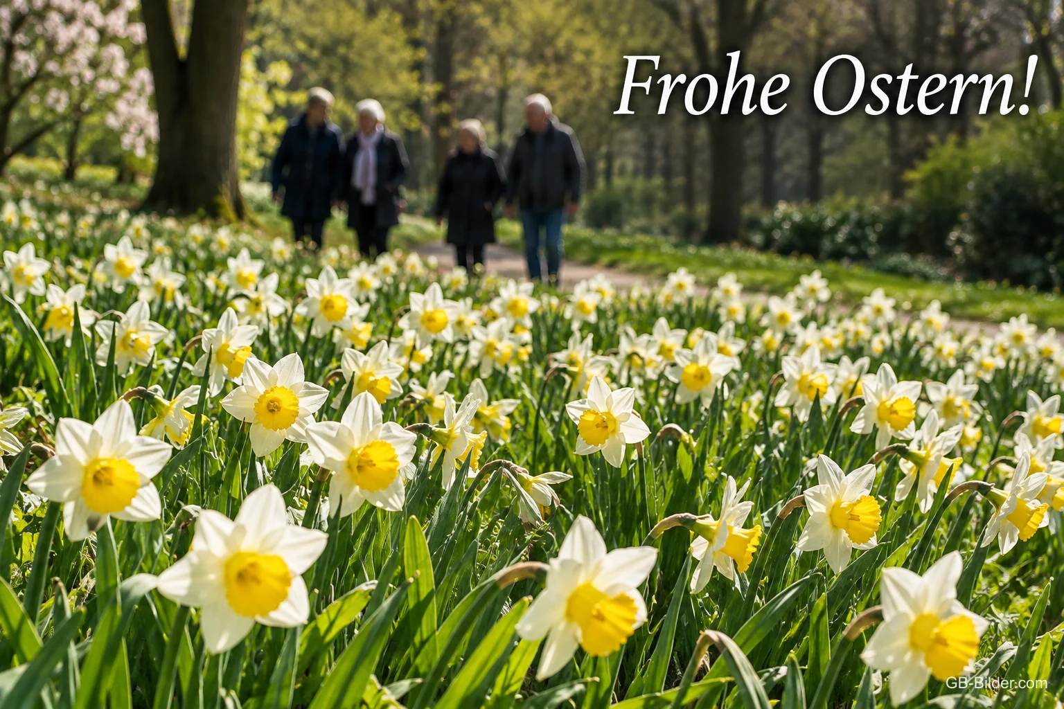 Wiese voller Osterglocken, im Hintergrund spazieren Menschen durch den Park, Text: Frohe Ostern! Wiese voller Osterglocken, im Hintergrund spazieren Menschen durch den Park, Text: Frohe Ostern!