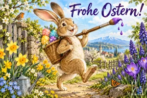 Hase mit Eierkorb und Pinsel wandert durch einen Frühlingsgarten, Text: Frohe Ostern!