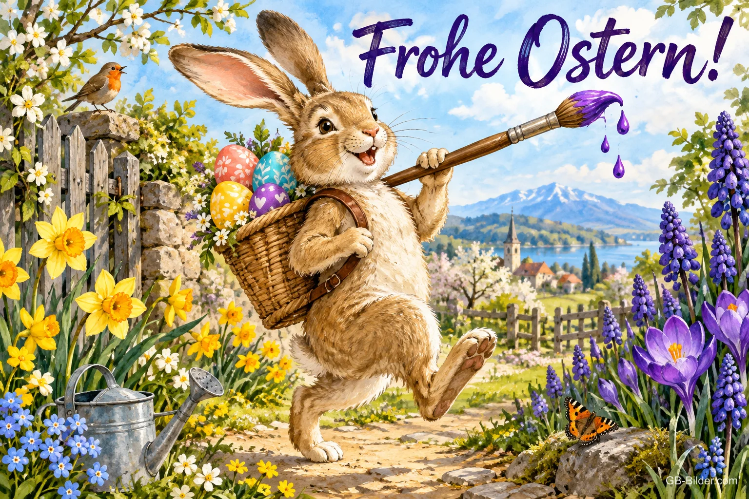 Hase mit Eierkorb und Pinsel wandert durch einen Frühlingsgarten, Text: Frohe Ostern! Hase mit Eierkorb und Pinsel wandert durch einen Frühlingsgarten, Text: Frohe Ostern!