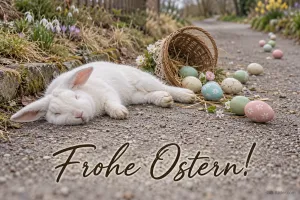 Erschöpfter Hase neben umgekipptem Eierkorb, lustiger Text: Frohe Ostern!