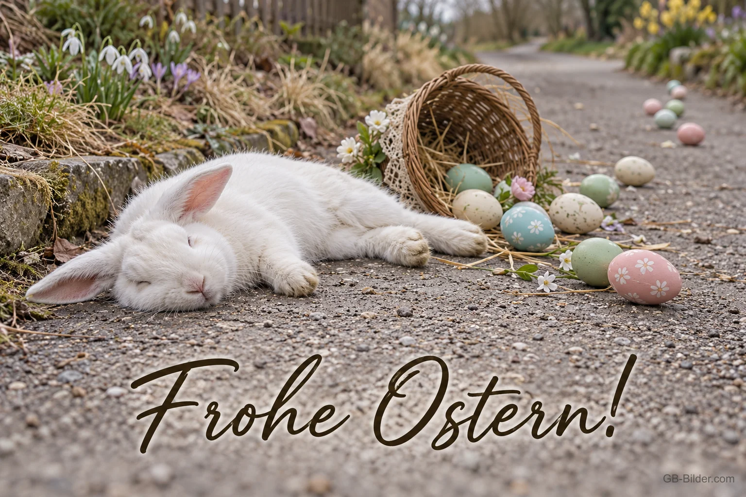 Erschöpfter Hase neben umgekipptem Eierkorb, lustiger Text: Frohe Ostern!