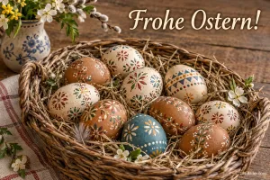 Korb mit verzierten Ostereiern, Text: Frohe Ostern!