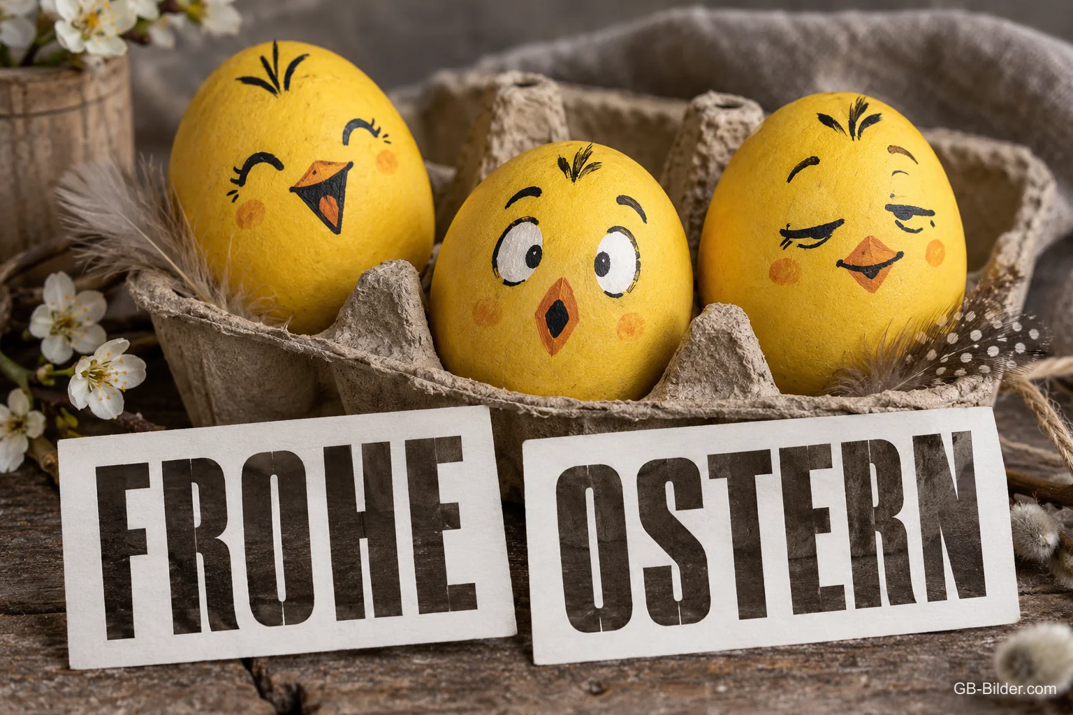 Gelbe Eier mit lustigen Gesichtern, Text: Frohe Ostern