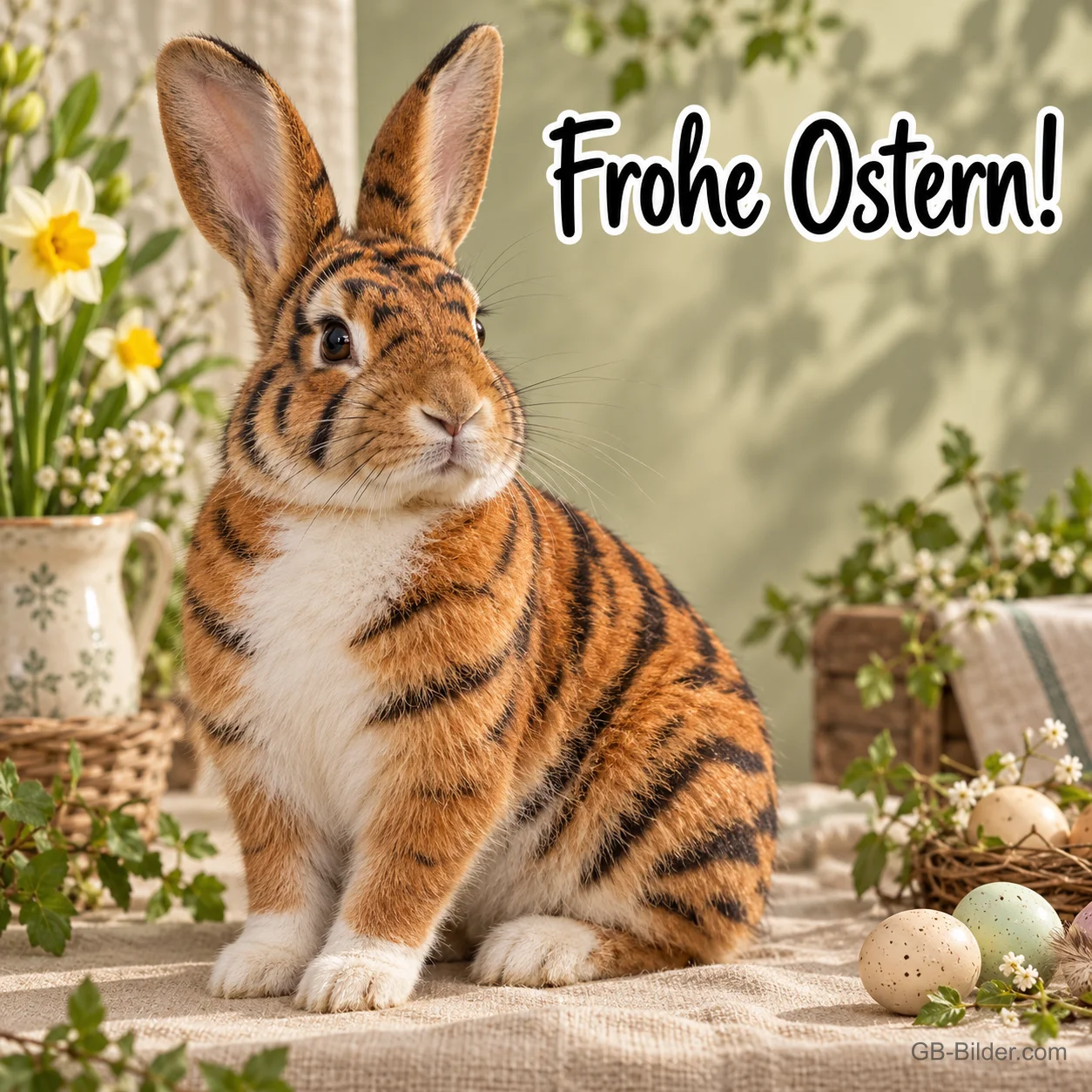 Kaninchen mit Tigerstreifen, lustiger Text: Frohe Ostern!