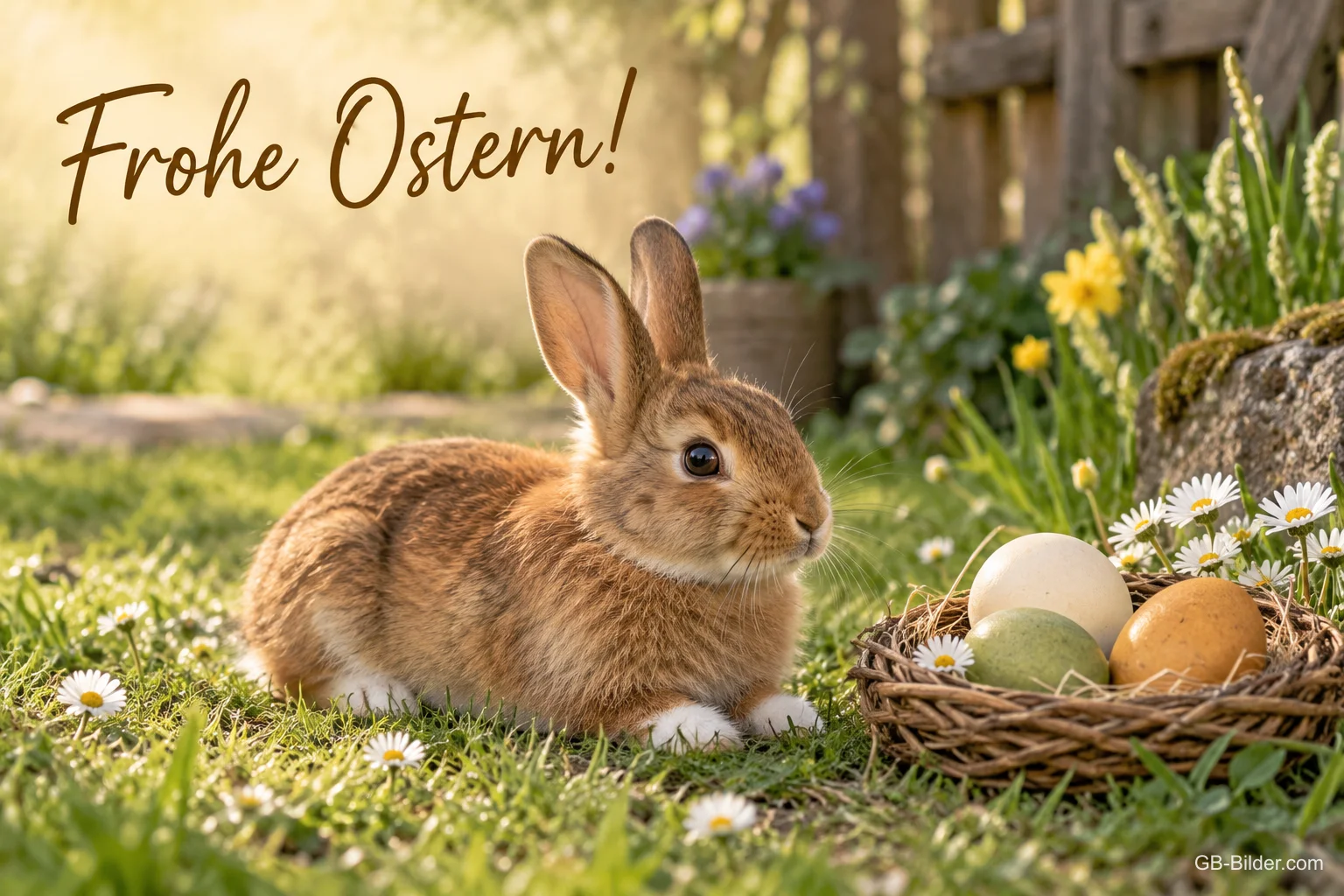 Kaninchen mit Eierkörbchen im Garten, Text: Frohe Ostern! Kaninchen mit Eierkörbchen im Garten, Text: Frohe Ostern!