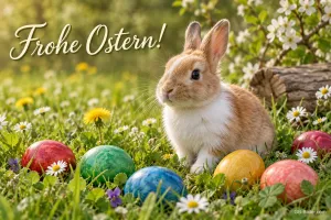 Kaninchen zwischen bunten Ostereiern, Text: Frohe Ostern!