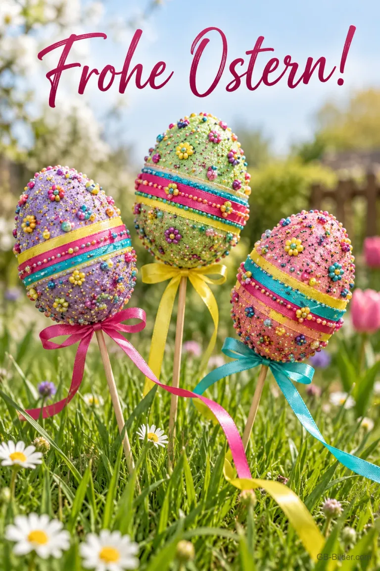 Mit Perlen verzierte Ostereier auf Stäben mit Schleifen in der Frühlingswiese, Text: Frohe Ostern!