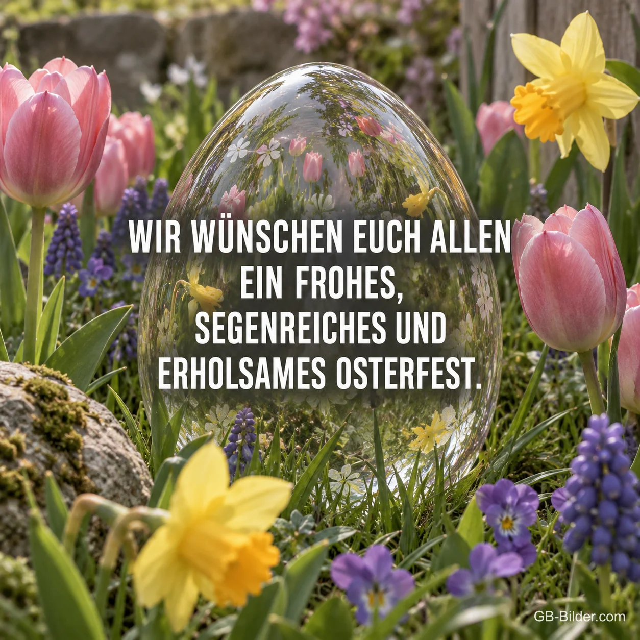 Gläsernes Ei zwischen Frühlingsblumen, Text: Wir wünschen euch allen ein frohes Osterfest Gläsernes Ei zwischen Frühlingsblumen, Text: Wir wünschen euch allen ein frohes Osterfest