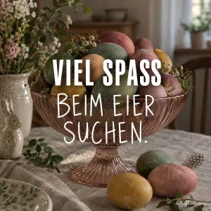 Glasschale mit gefärbten Eiern, Text: Viel Spaß beim Eier suchen.
