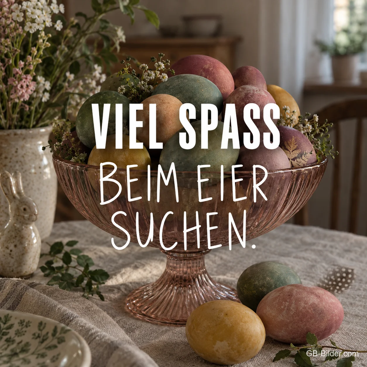 Glasschale mit gefärbten Eiern, Text: Viel Spaß beim Eier suchen. Glasschale mit gefärbten Eiern, Text: Viel Spaß beim Eier suchen.