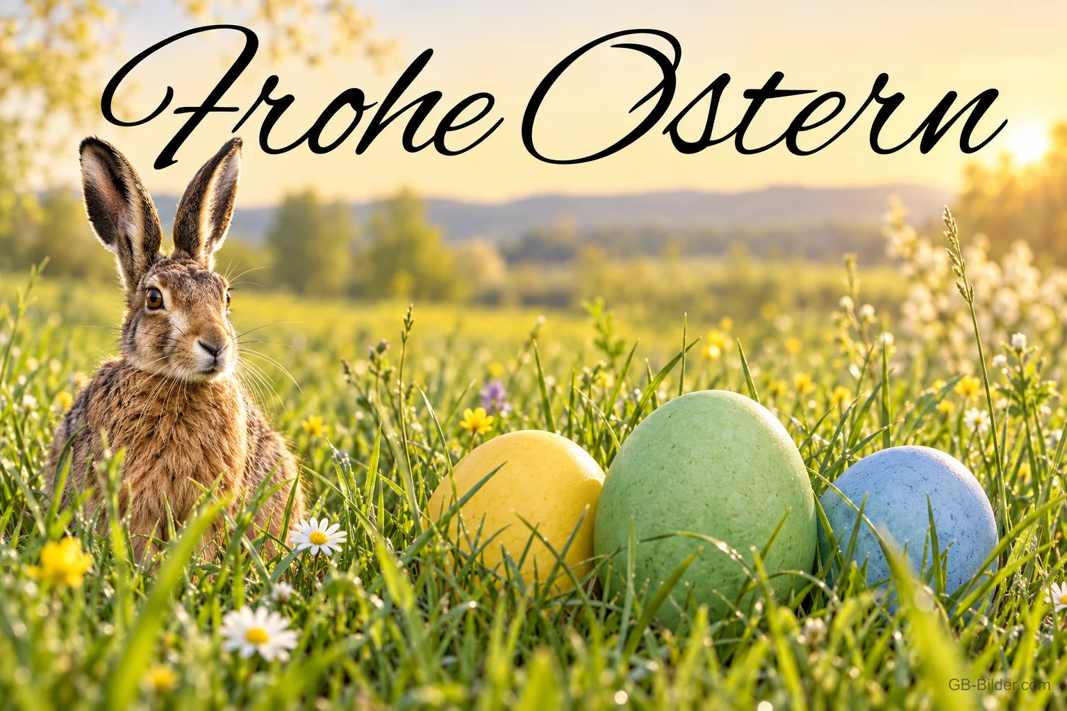 Feldhase mit bunten Eiern auf der Wiese, Text: Frohe Ostern Feldhase mit bunten Eiern auf der Wiese, Text: Frohe Ostern