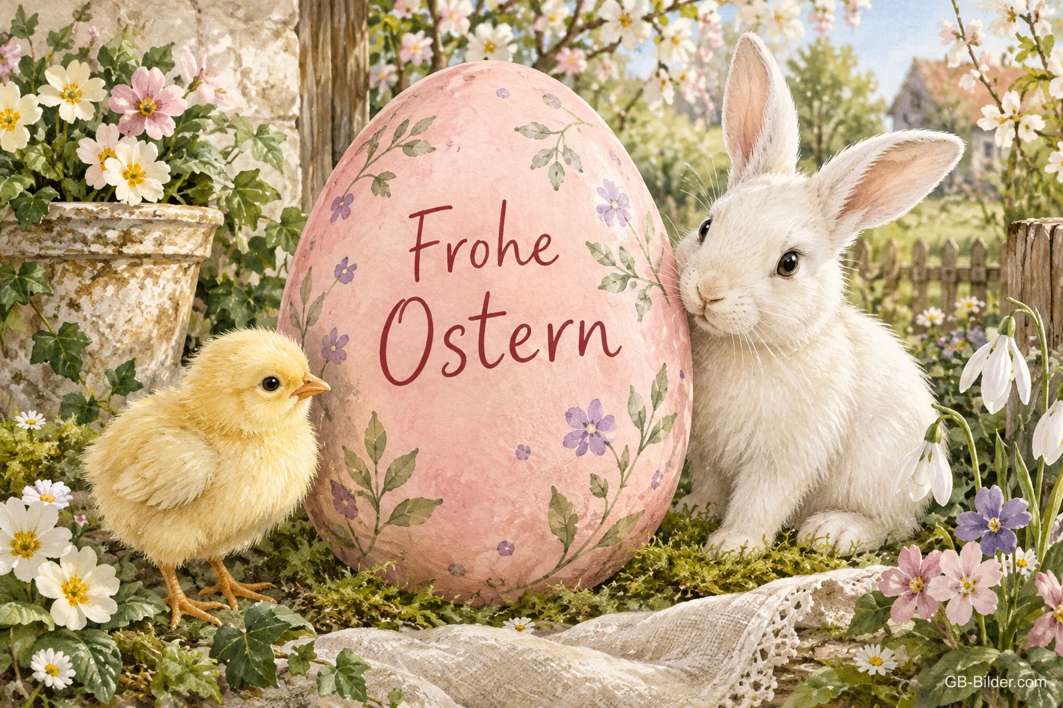 Küken und Hase neben großem Osterei, Text: Frohe Ostern Küken und Hase neben großem Osterei, Text: Frohe Ostern