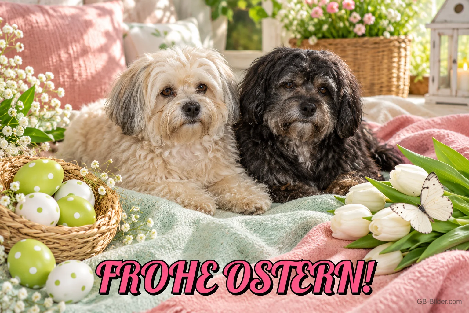 Zwei Hunde mit Ostereiern und Tulpen, Text: Frohe Ostern! Zwei Hunde mit Ostereiern und Tulpen, Text: Frohe Ostern!